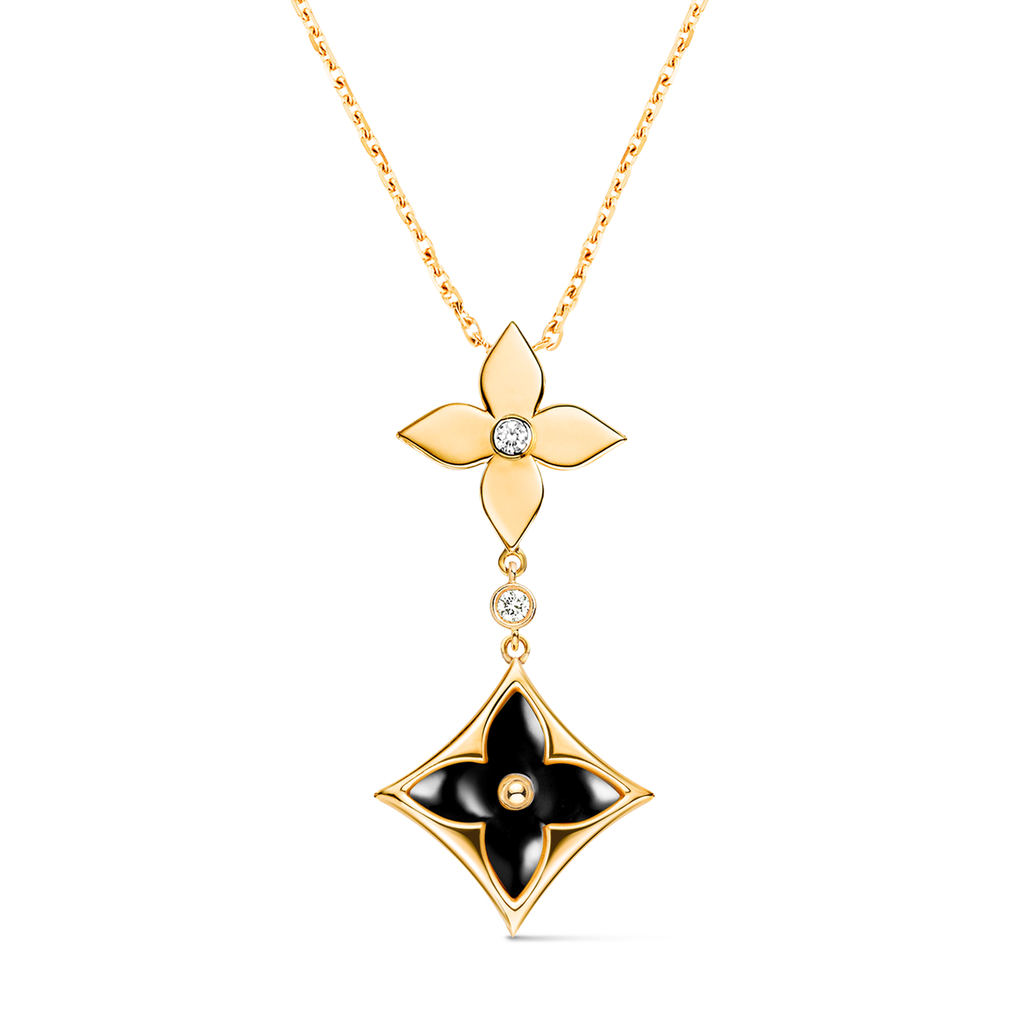Color Blossom Double Star Pendant, Yellow Gold, Onyx And Diamond  in Jewellery