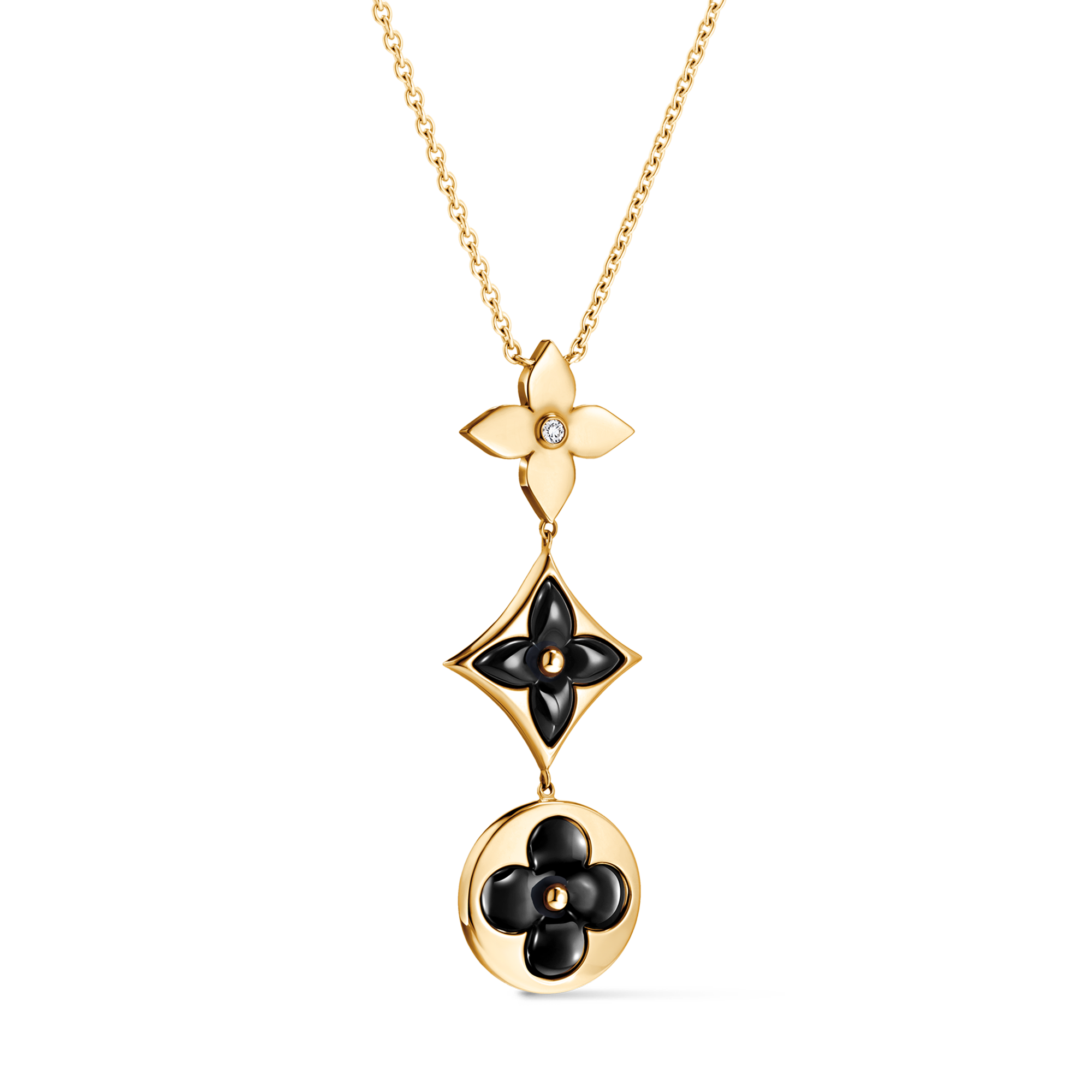 Color Blossom Lariat Necklace, Yellow Gold, Onyx And Diamond  in Jewellery