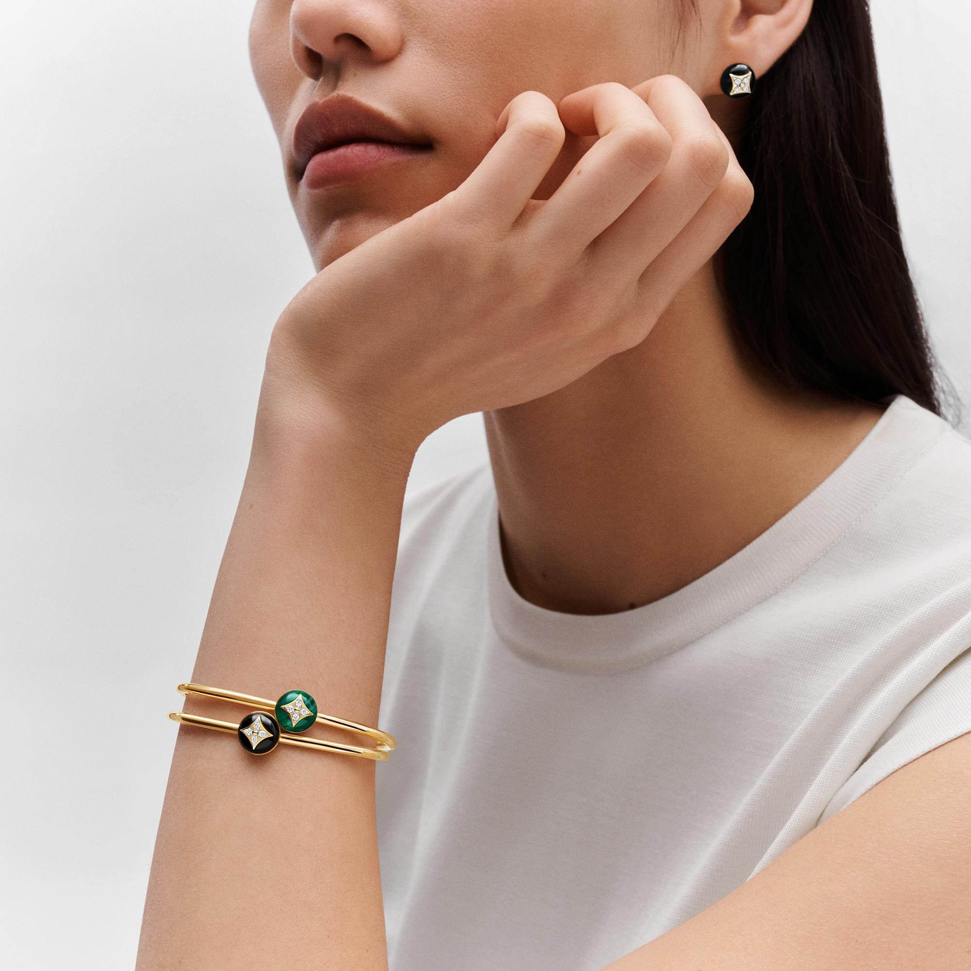 Colour Blossom Open Bangle, Yellow Gold, White Gold, Onyx And Diamonds  in Men