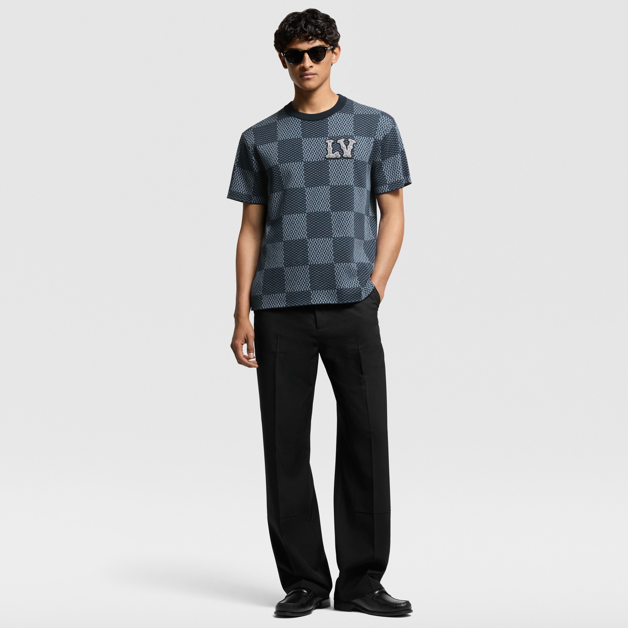 Damier Short-Sleeved Crewneck With LV Crystal Patch  in Women