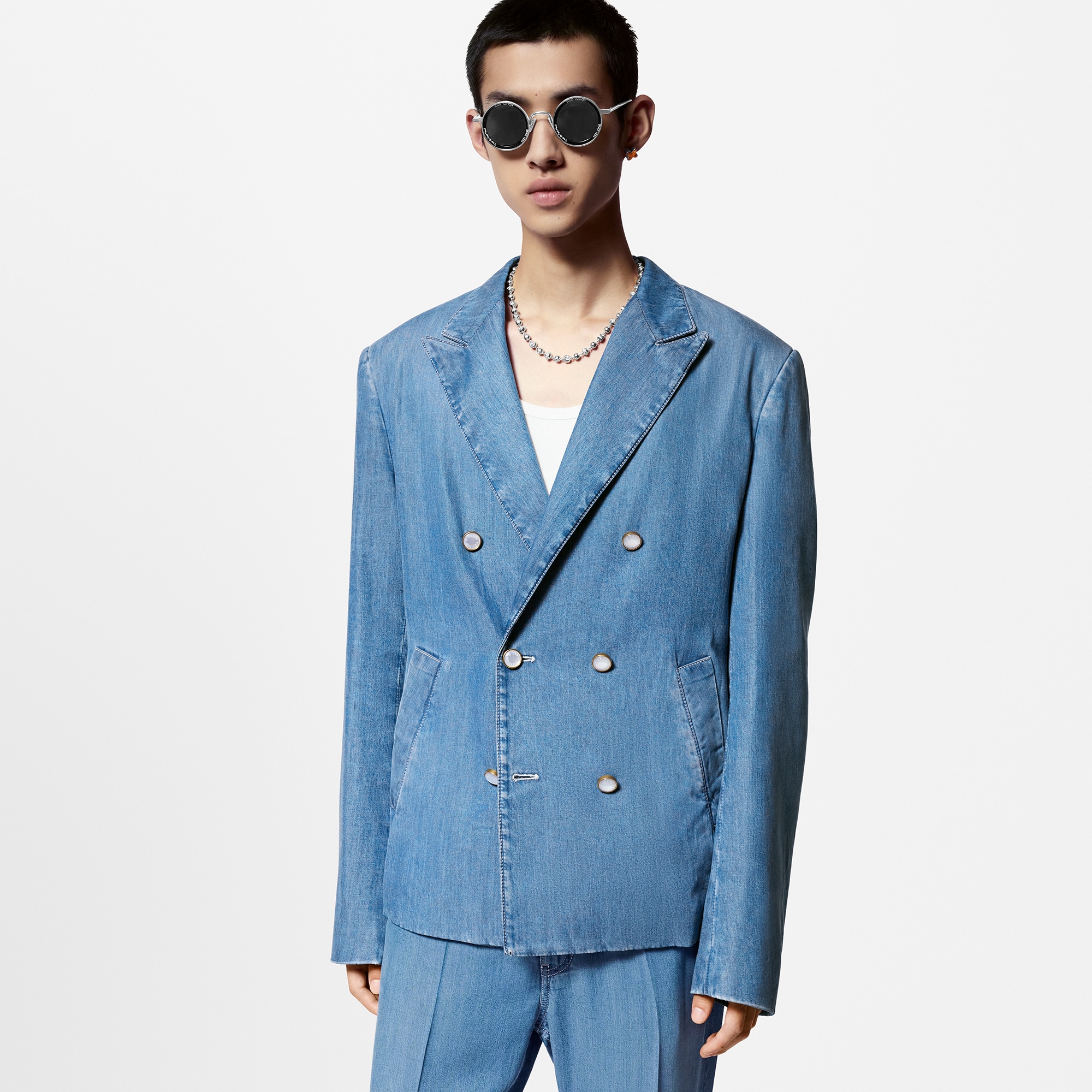 Double-Breasted  Tailored Chambray Jacket   in Men