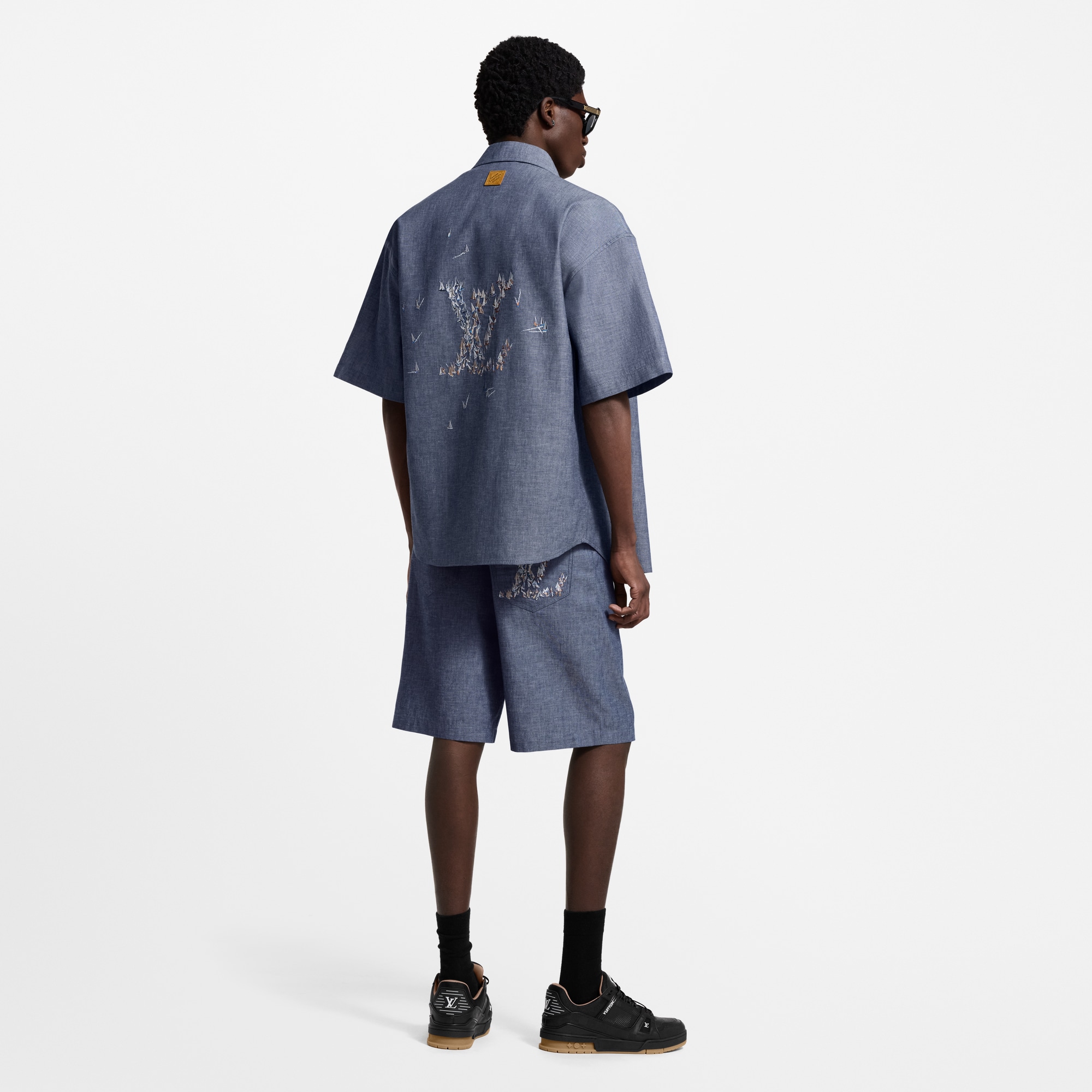 Embroidered Chambray Short-Sleeved Shirt  in Men