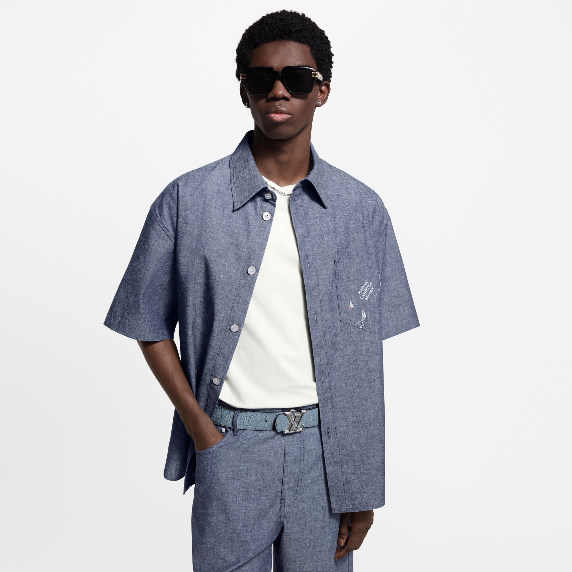 Embroidered Chambray Short-Sleeved Shirt  in Men