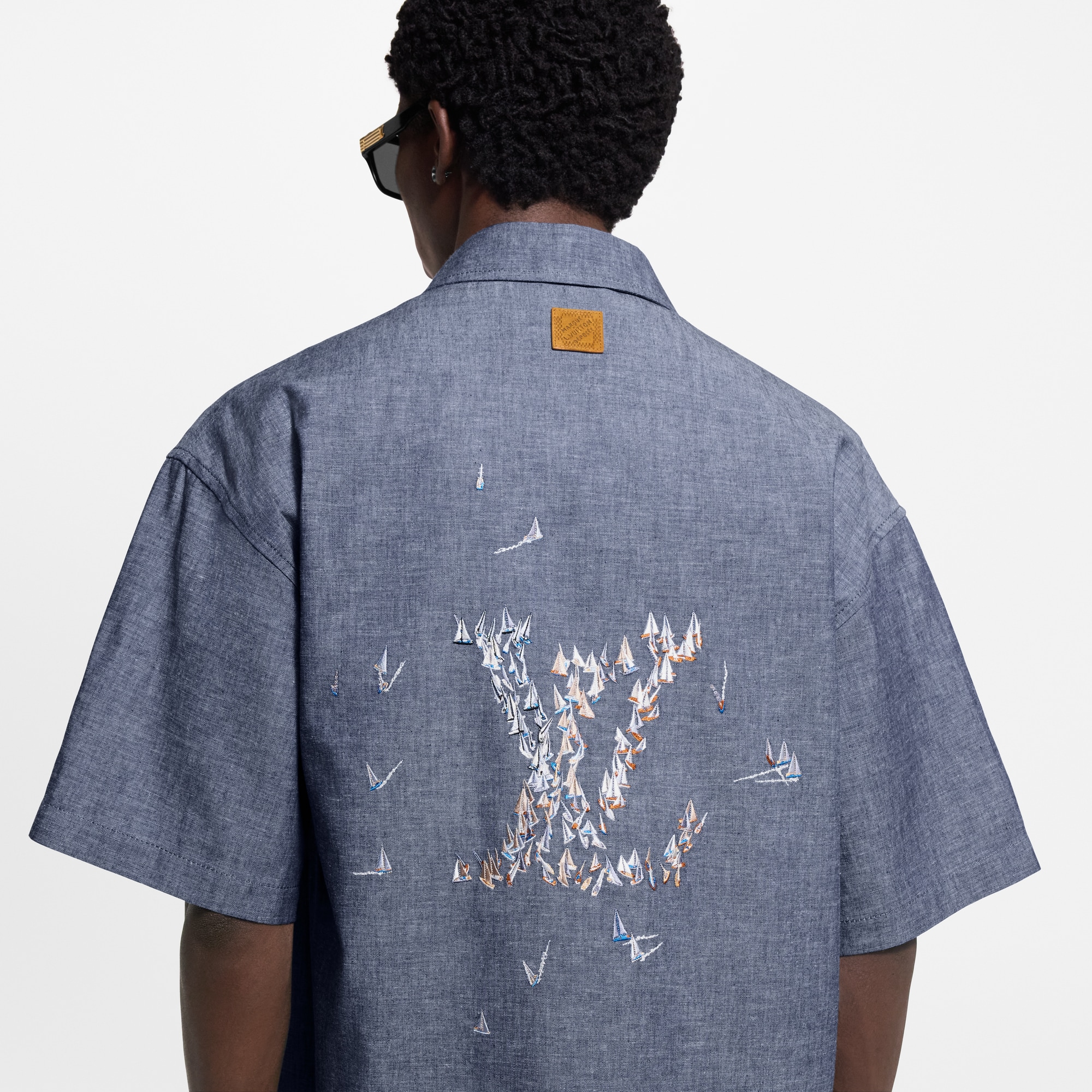 Embroidered Chambray Short-Sleeved Shirt  in Men
