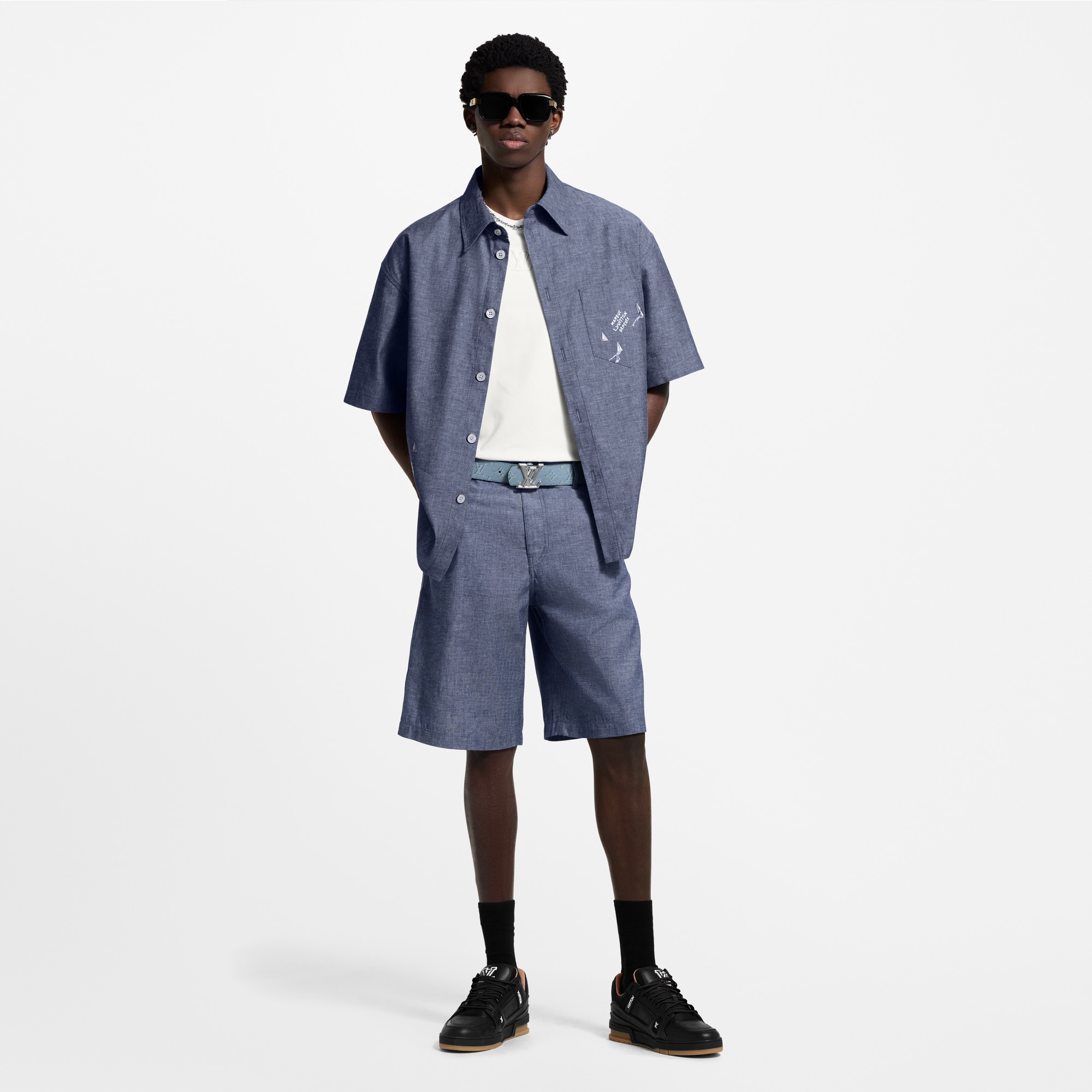 Embroidered Chambray Short-Sleeved Shirt  in Men