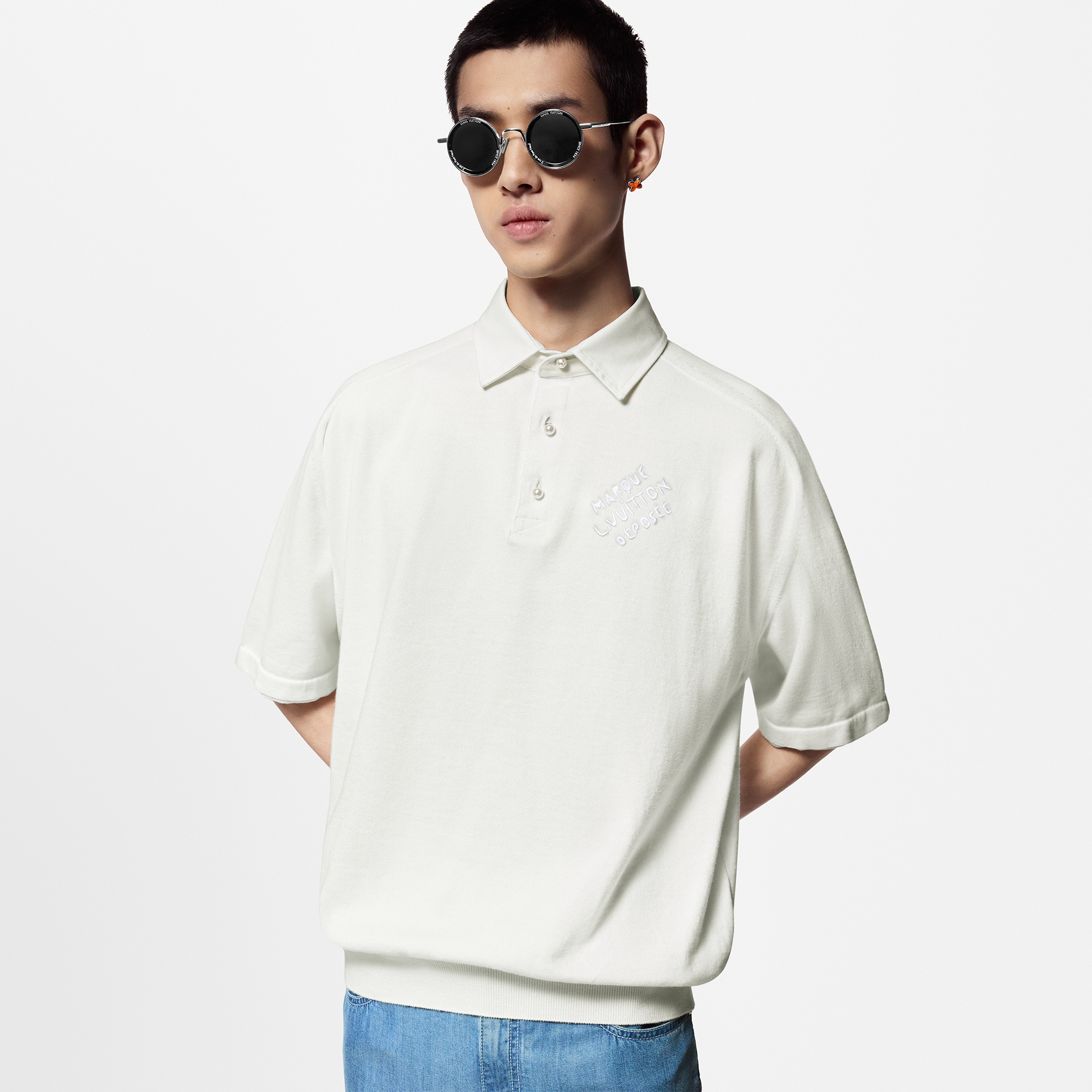 Embroidered Short-Sleeved Cotton Blend Polo Shirt  in Men