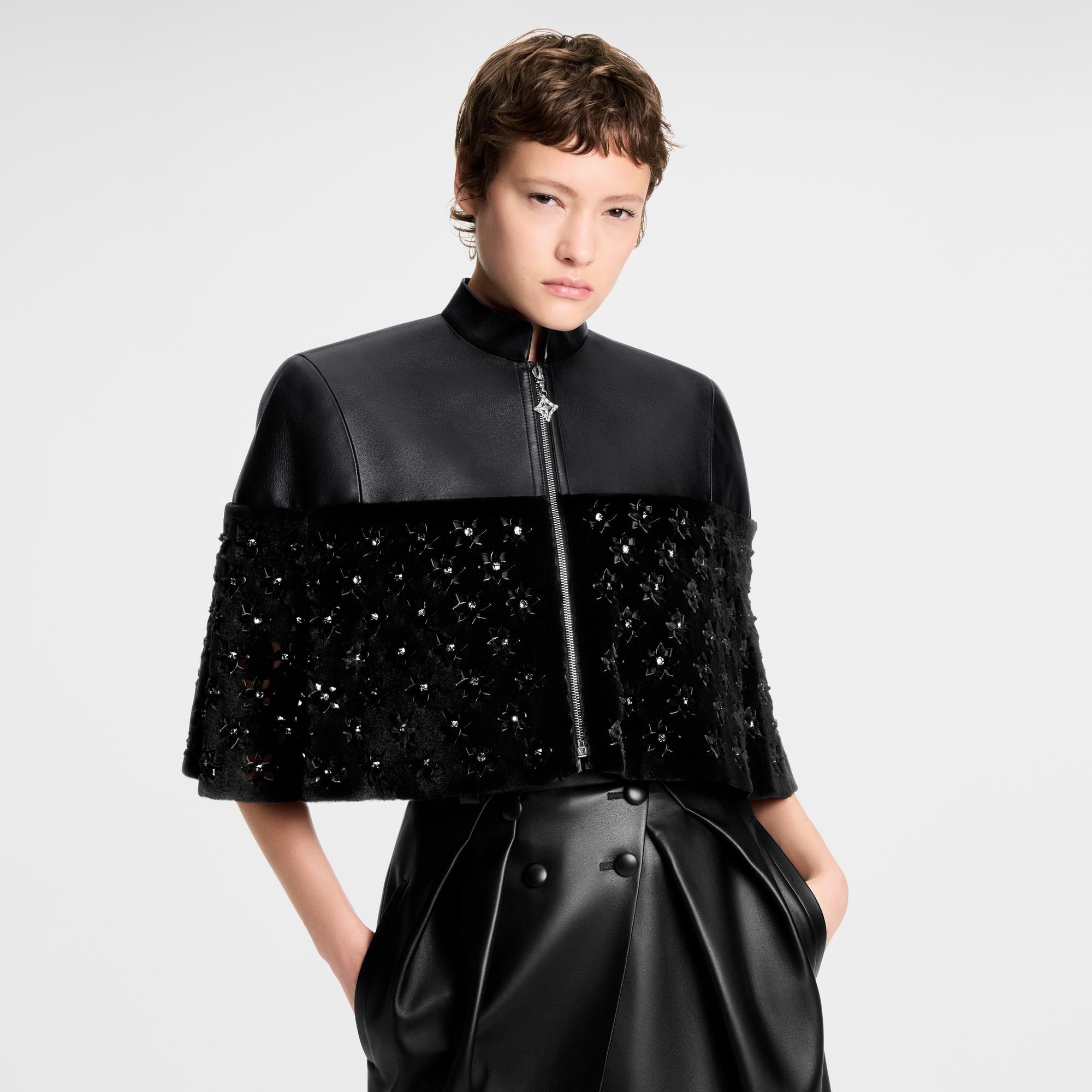 Fur Mix Leather Cropped Cape  in Women