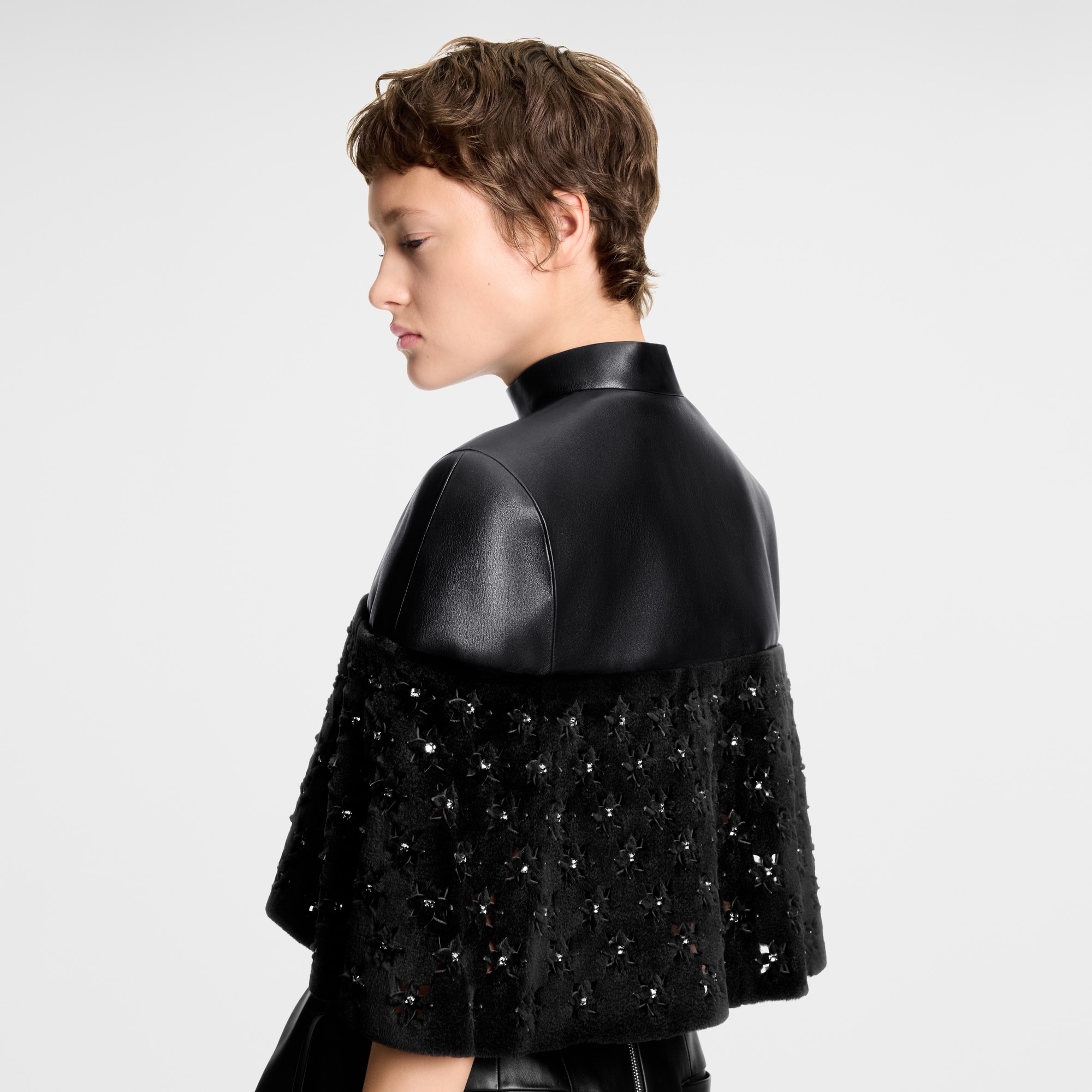 Fur Mix Leather Cropped Cape  in Women