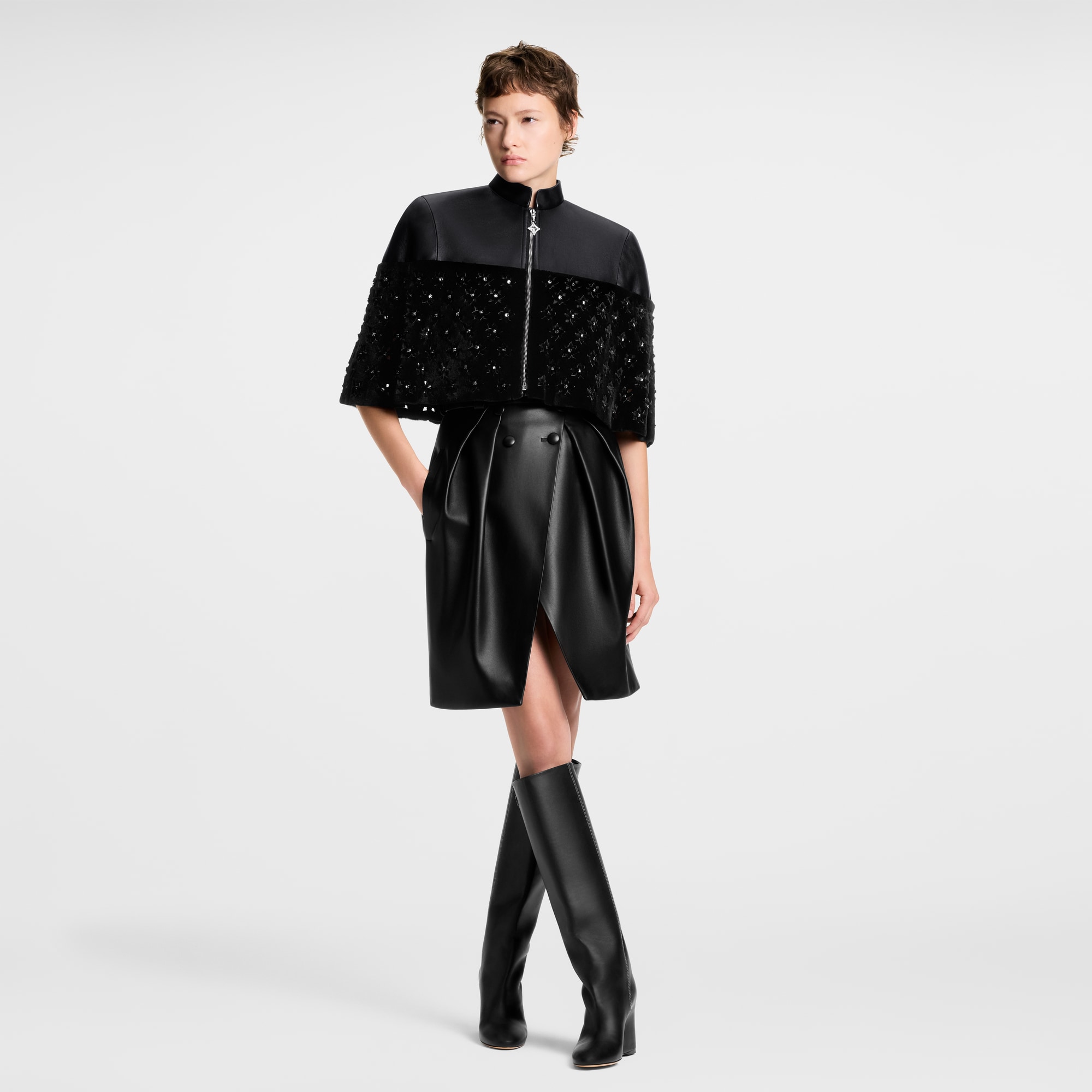 Fur Mix Leather Cropped Cape  in Women