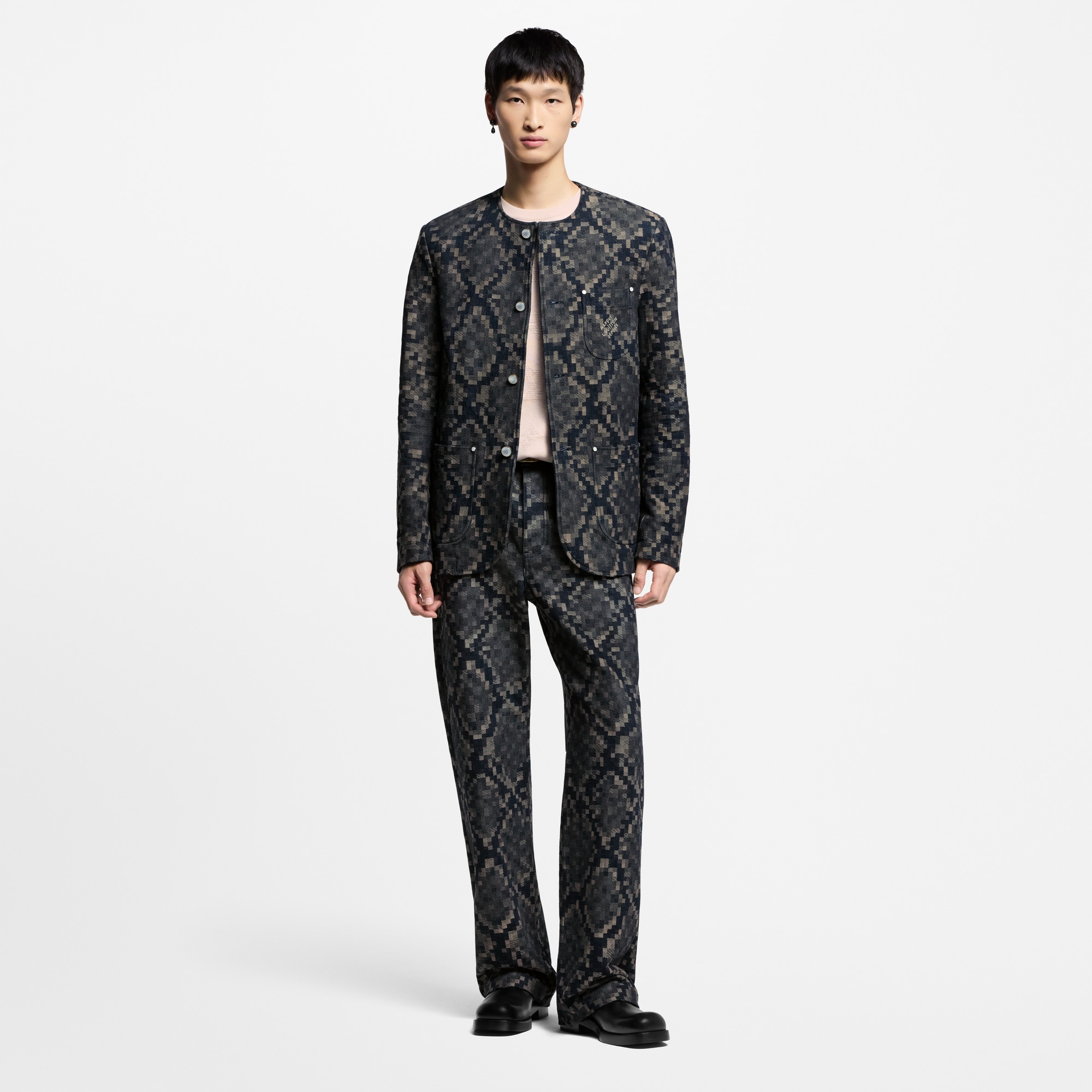 Graphic Collarless Denim Jacket  in Men