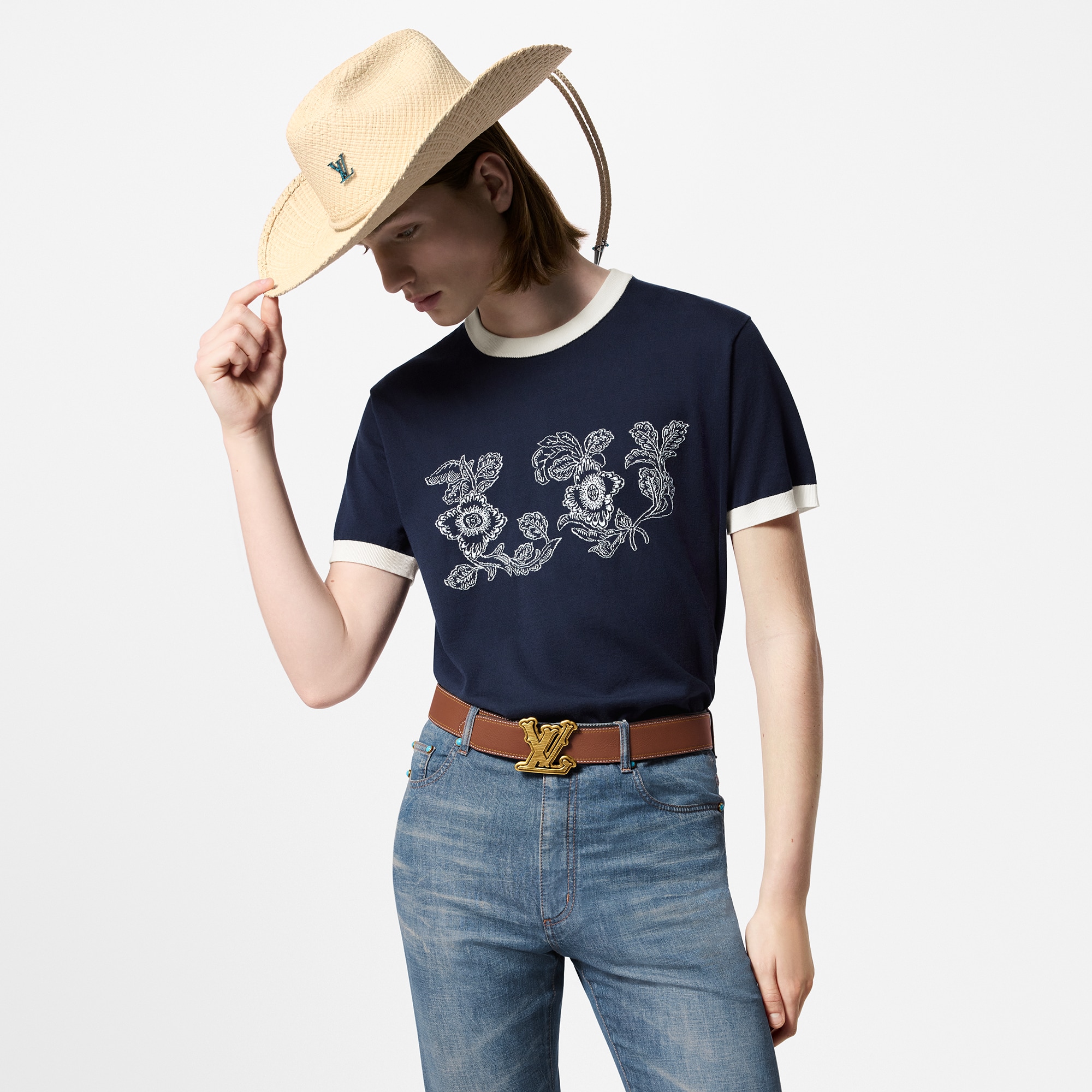 Graphic Intarsia Short-Sleeved Cotton Crewneck  in Men