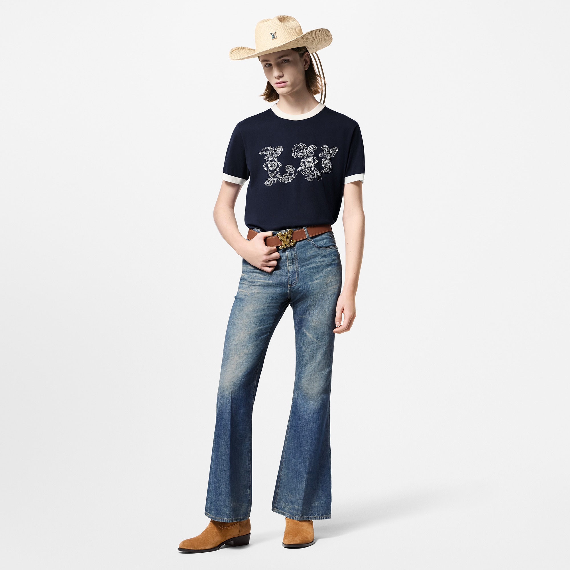 Graphic Intarsia Short-Sleeved Cotton Crewneck  in Men