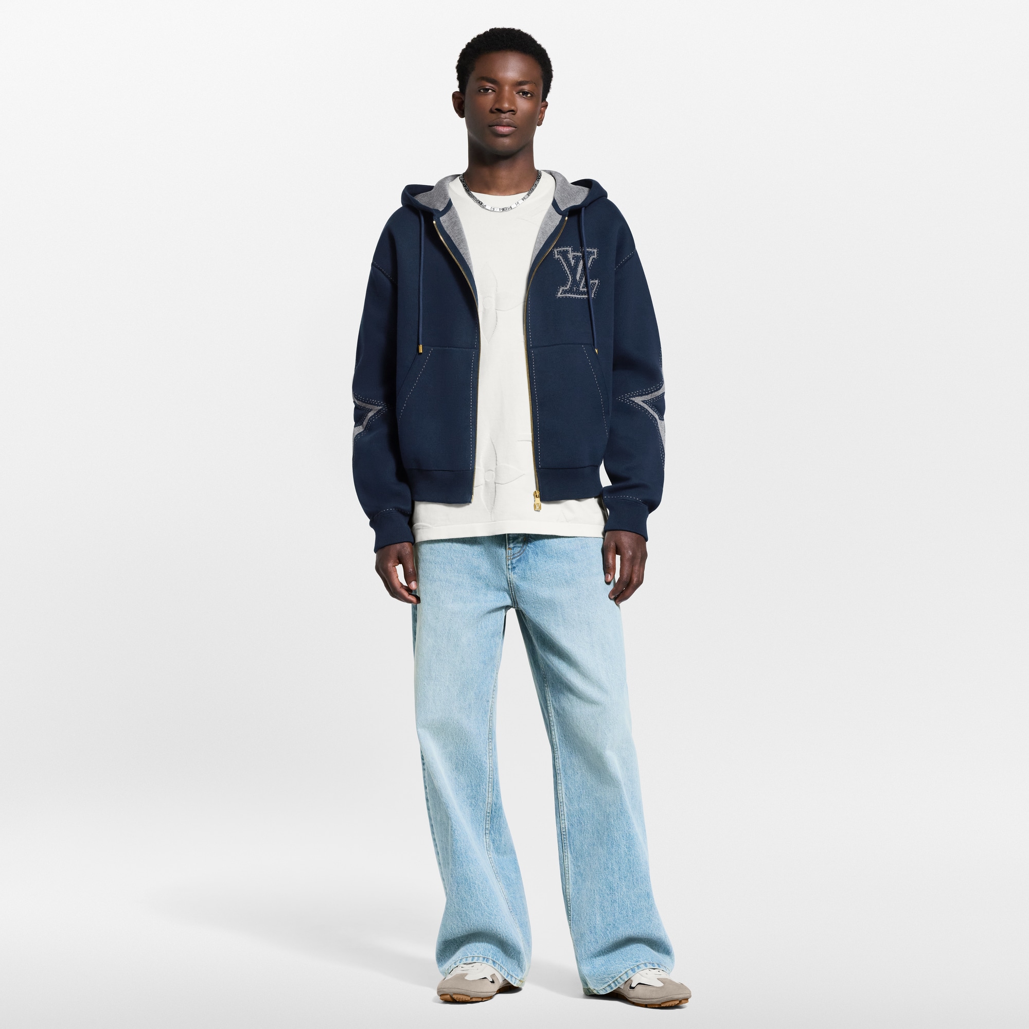 Graphic Intarsia Zipped Cotton Hoodie  in Men