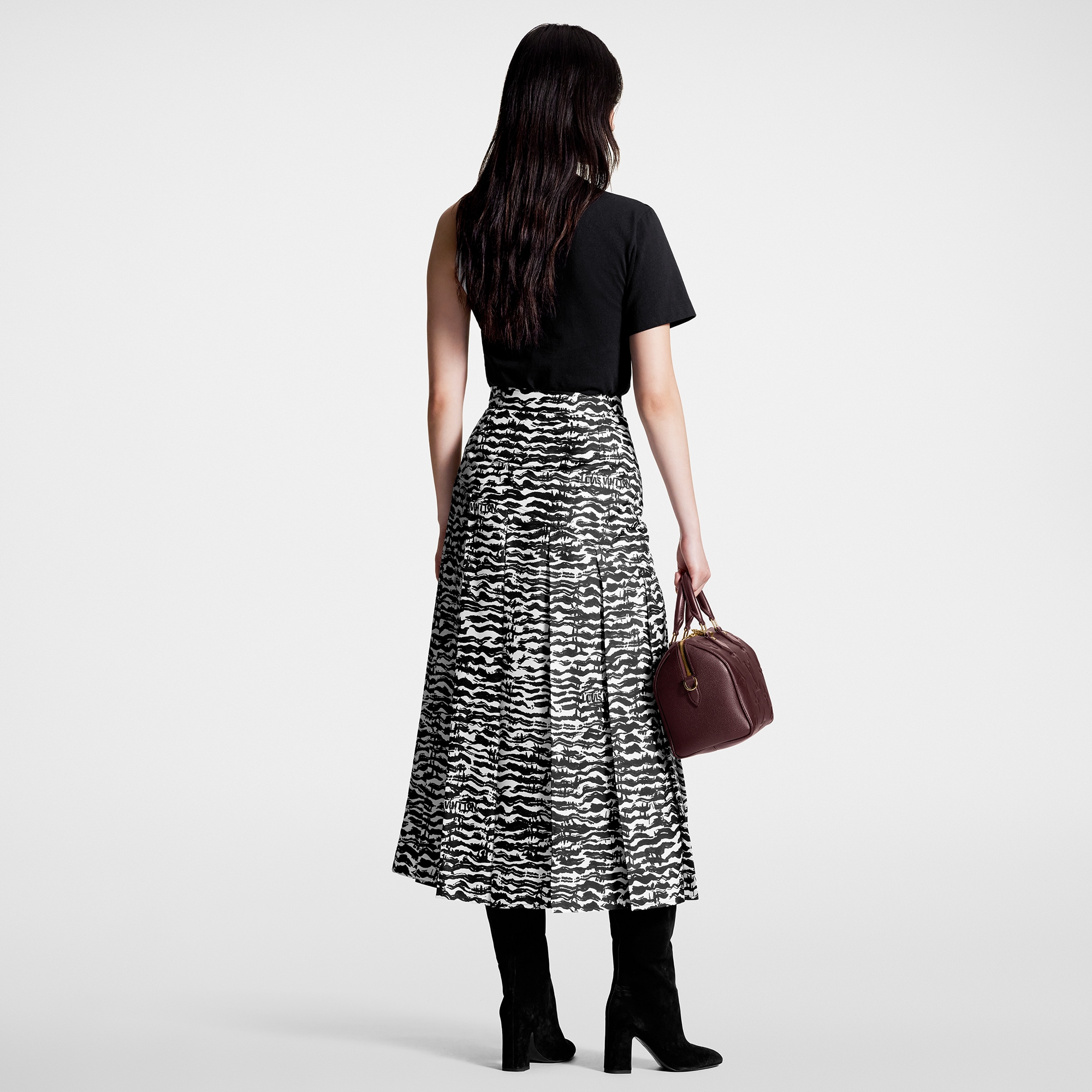 Ink Tiger Asymmetrical Pleat Midi Skirt  in Women