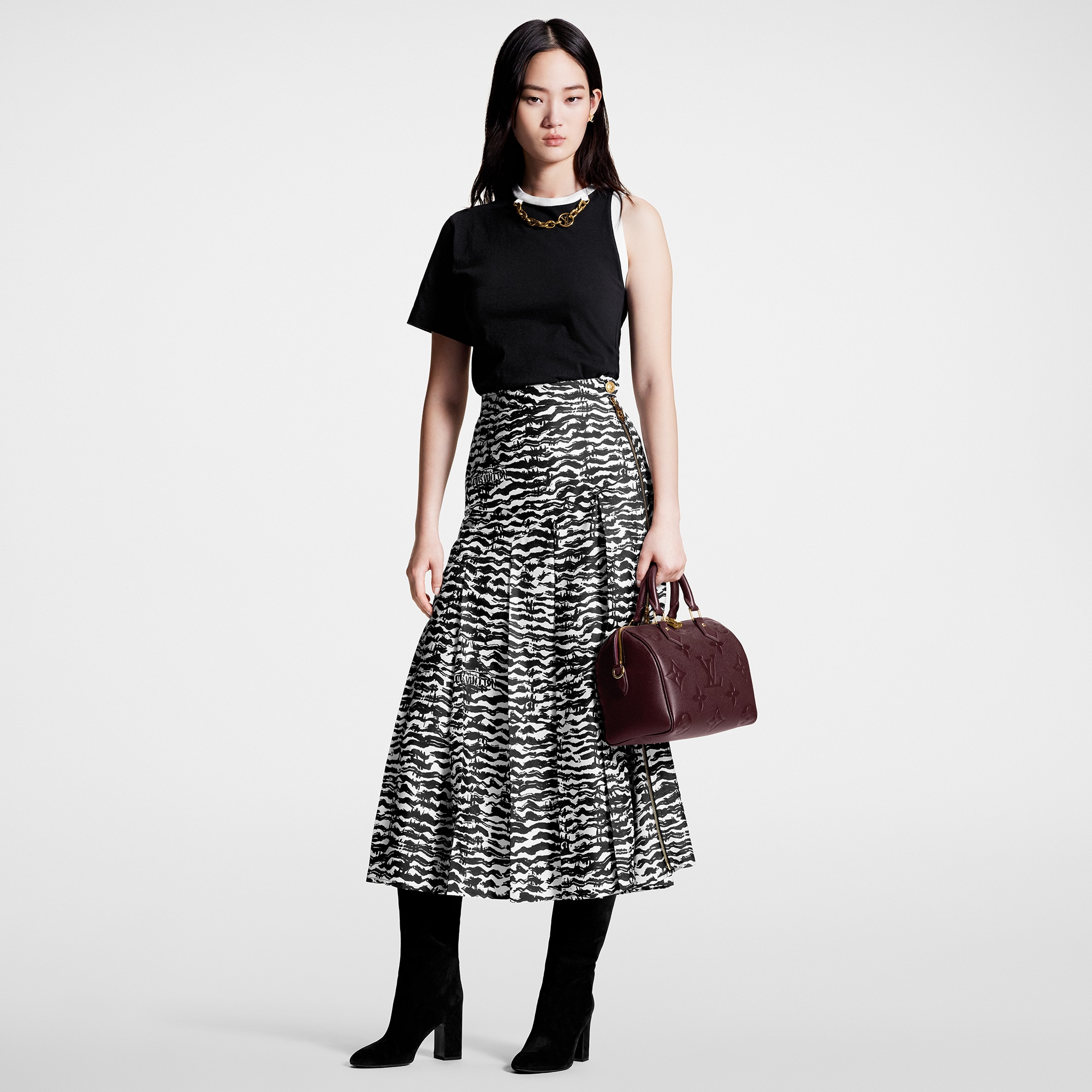Ink Tiger Asymmetrical Pleat Midi Skirt  in Women