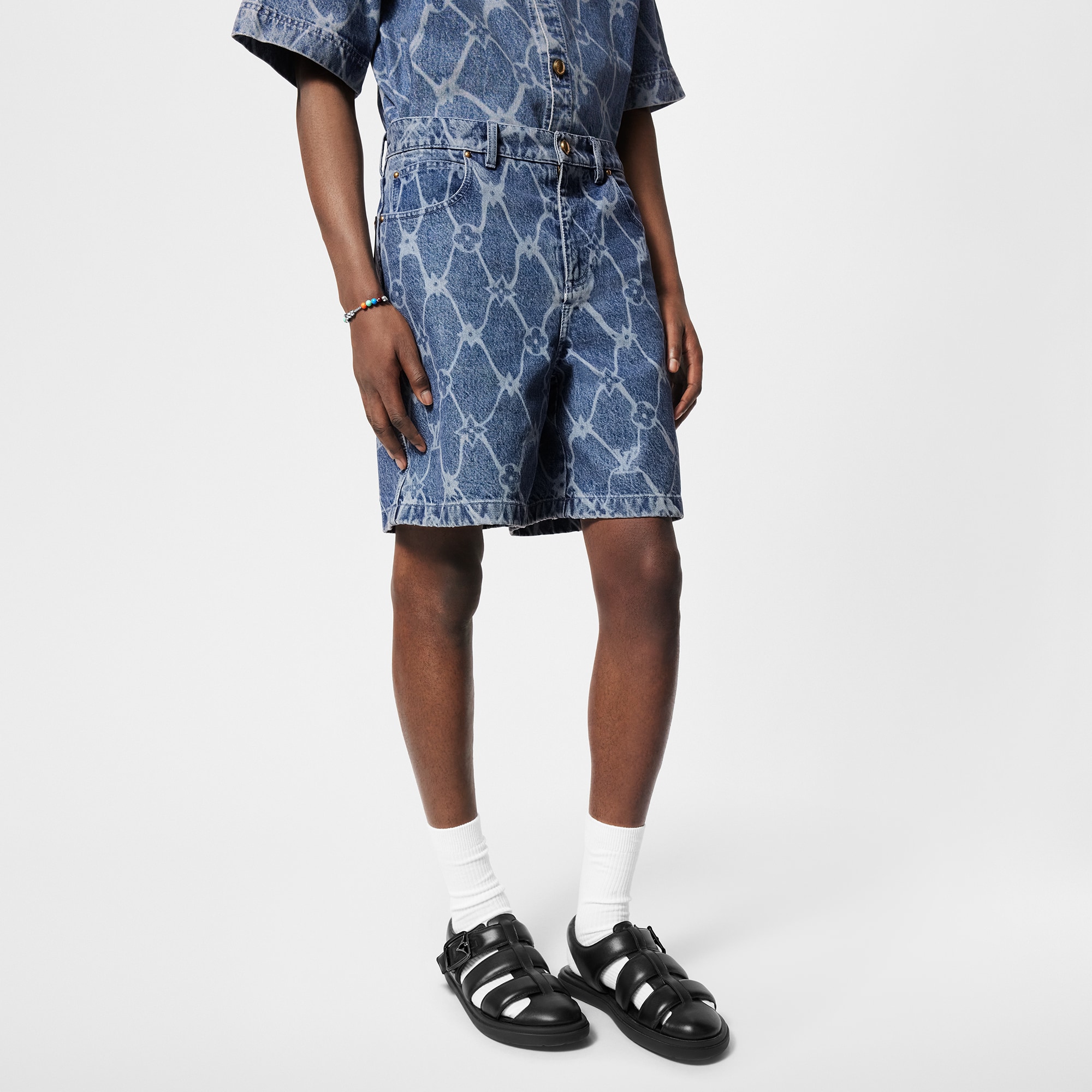 Monogram Printed Denim Shorts  in Men