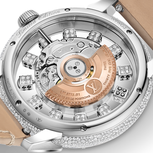 Tambour Spin Time Air, Automatic, 42.5mm, White gold, Hawk's eye and diamonds back view