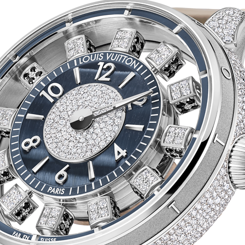 Tambour Spin Time Air, Automatic, 42.5mm, White gold, Hawk's eye and diamonds side view