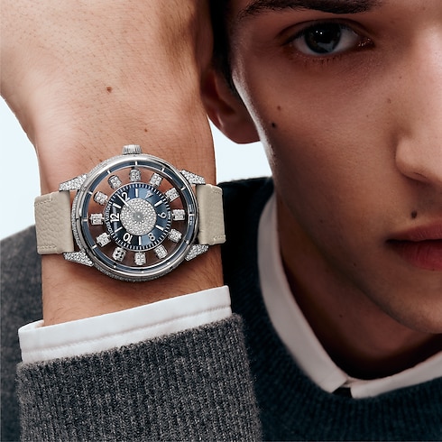Tambour Taiko Spin Time Air, Automatic, 42.5mm, White gold, Hawk's eye and diamonds in Watches's All Watches } collections by Louis Vuitton (Product zoom)