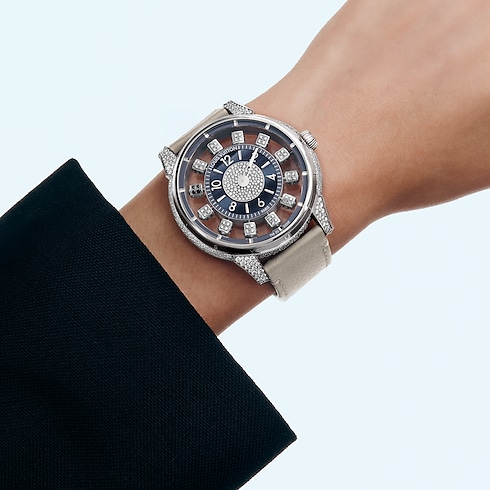 Tambour Taiko Spin Time Air, Automatic, 42.5mm, White gold, Hawk's eye and diamonds in Watches's All Watches } collections by Louis Vuitton (Product zoom)