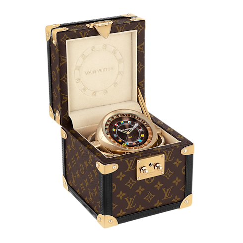 Trunk Table Clock, Quartz, 80mm, Brass, Monogram in Watches's All Watches } collections by Louis Vuitton (Product zoom)