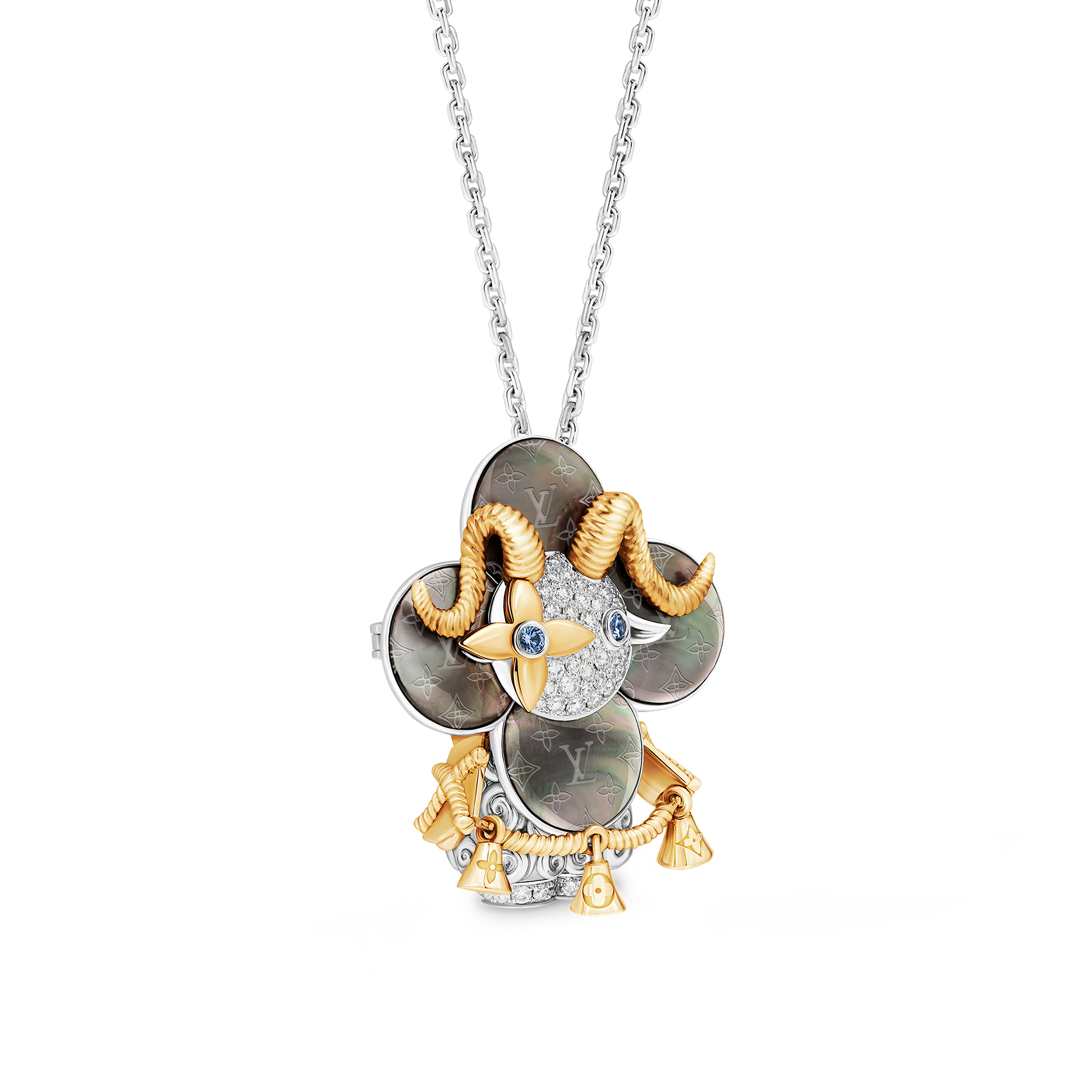 Vivienne Sheep Pendant, Yellow Gold, White Gold, Grey Mother-Of-Pearl, Diamonds & Colored Gemstones  in Les Extraordinaires