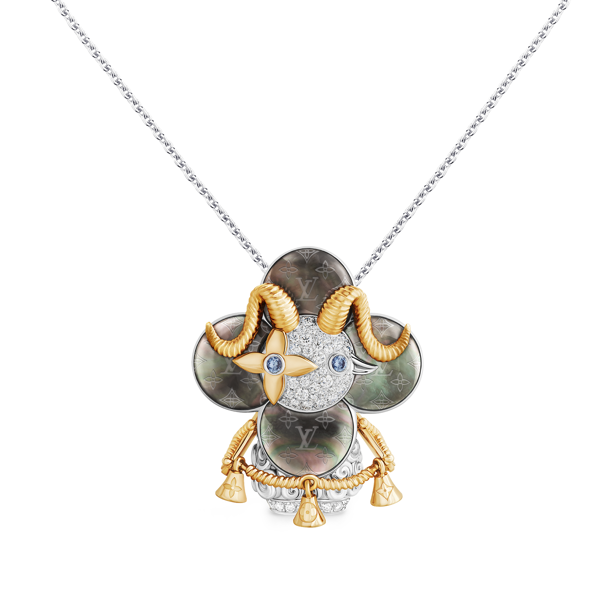Vivienne Sheep Pendant, Yellow Gold, White Gold, Grey Mother-Of-Pearl, Diamonds & Colored Gemstones  in Les Extraordinaires